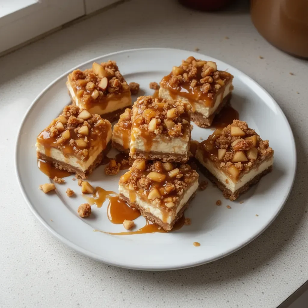 Delicious Caramel Apple Cheesecake Bars topped with caramel drizzle and apple slices.