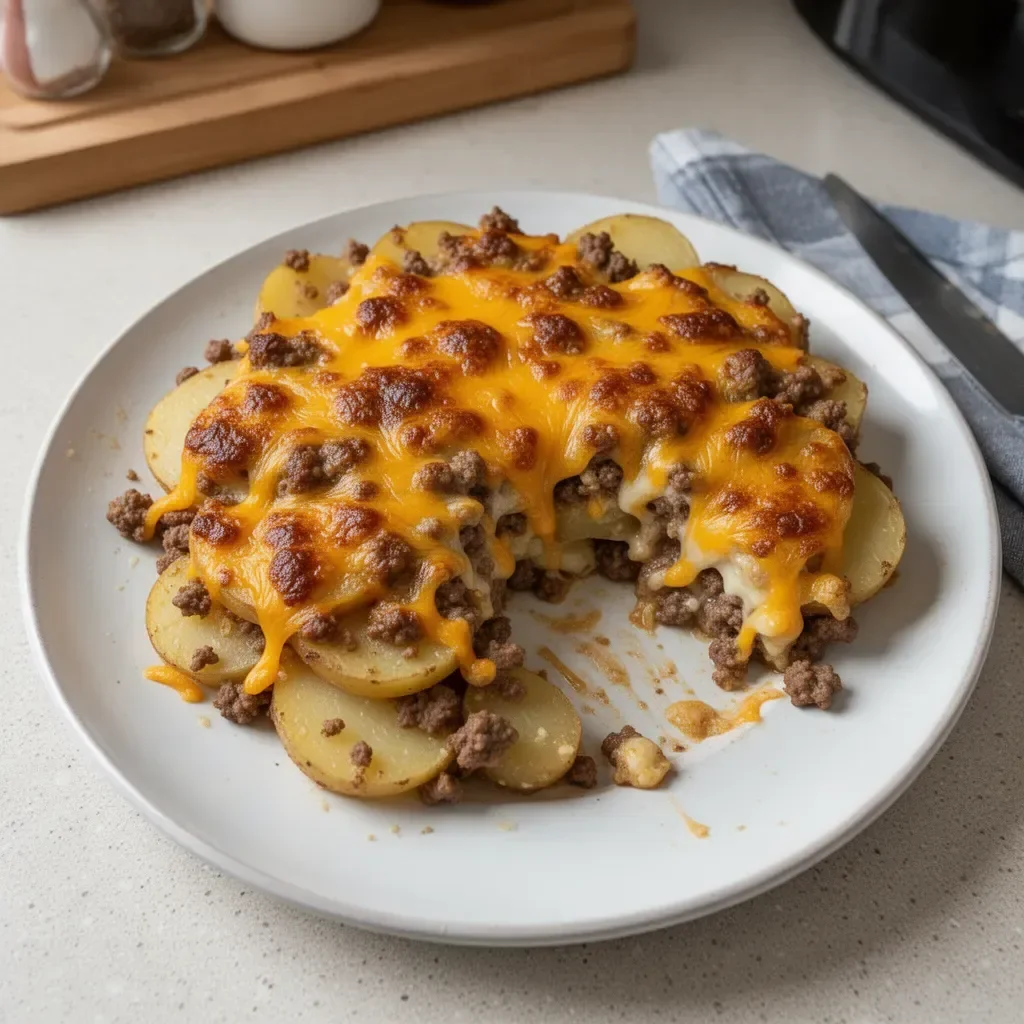 Delicious cheesy hamburger potato casserole baked with layers of beef and potatoes