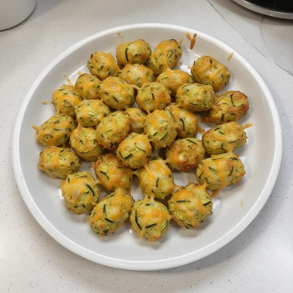 Plate of cheesy zucchini tots, golden brown and crispy