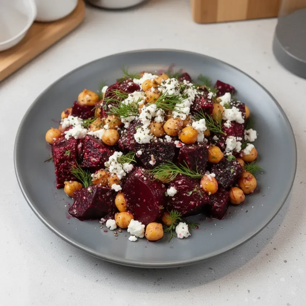 Chickpea Beet Feta Salad with fresh ingredients in a colorful bowl