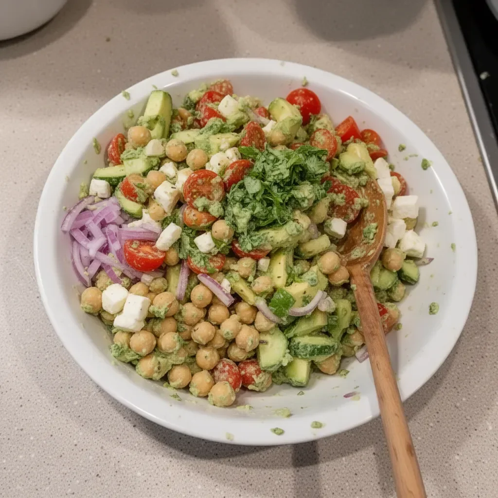 Delicious and colorful chickpea salad with fresh vegetables and dressing