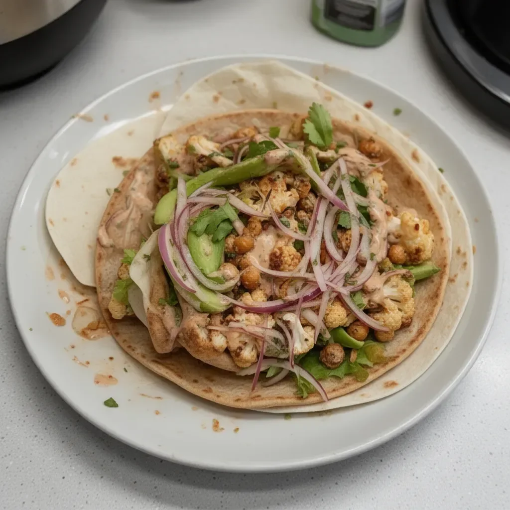 Chili Lime Chickpea Cauliflower Wrap with fresh ingredients on a plate