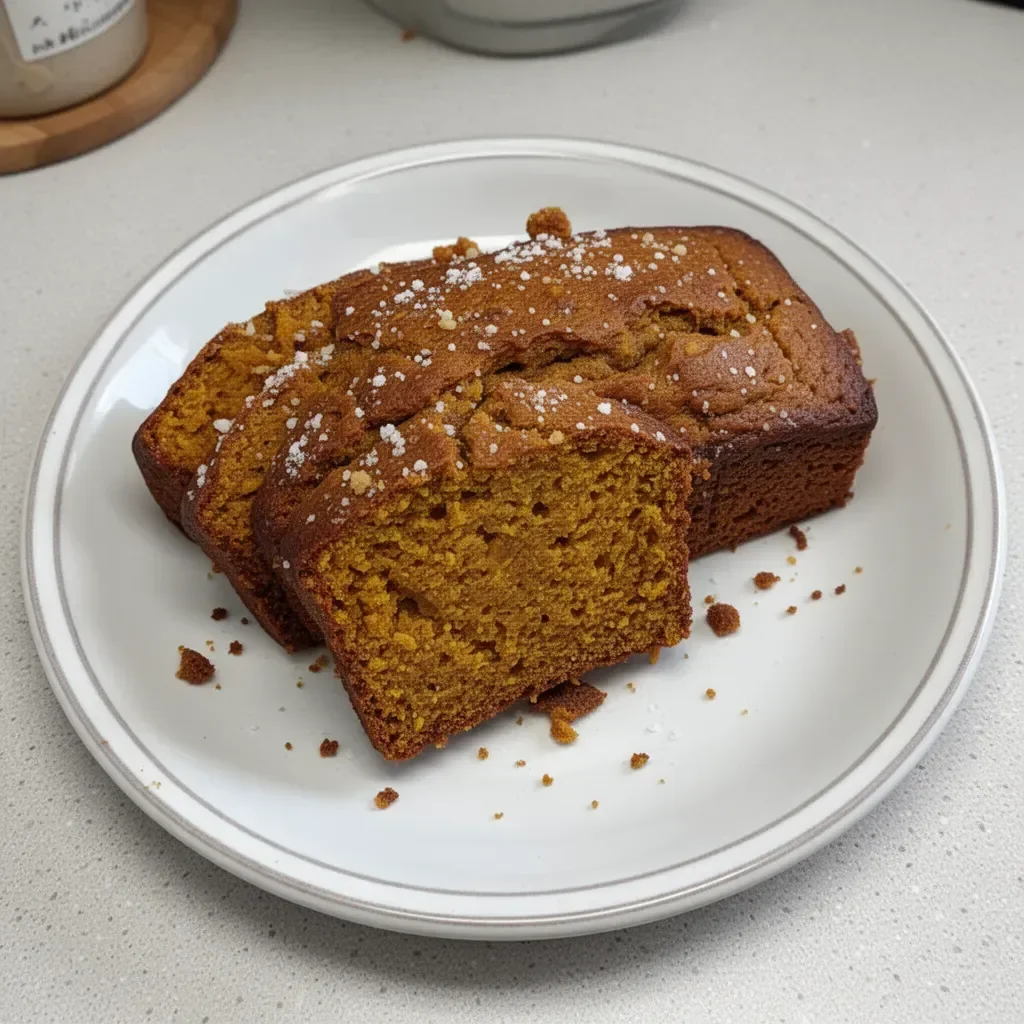 Loaf of classic spiced pumpkin bread with pumpkin seeds and spices