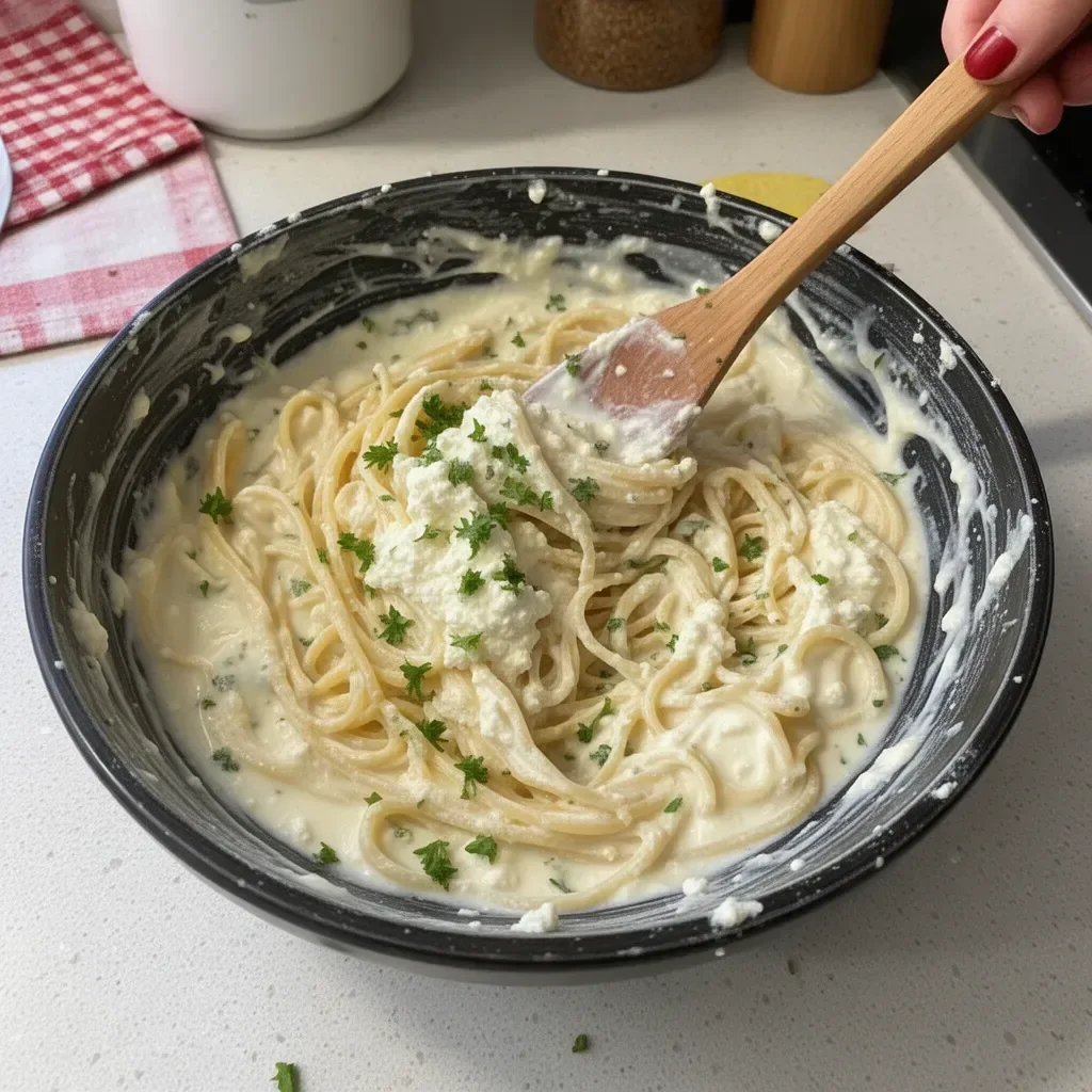 Creamy cottage cheese pasta sauce served on a plate