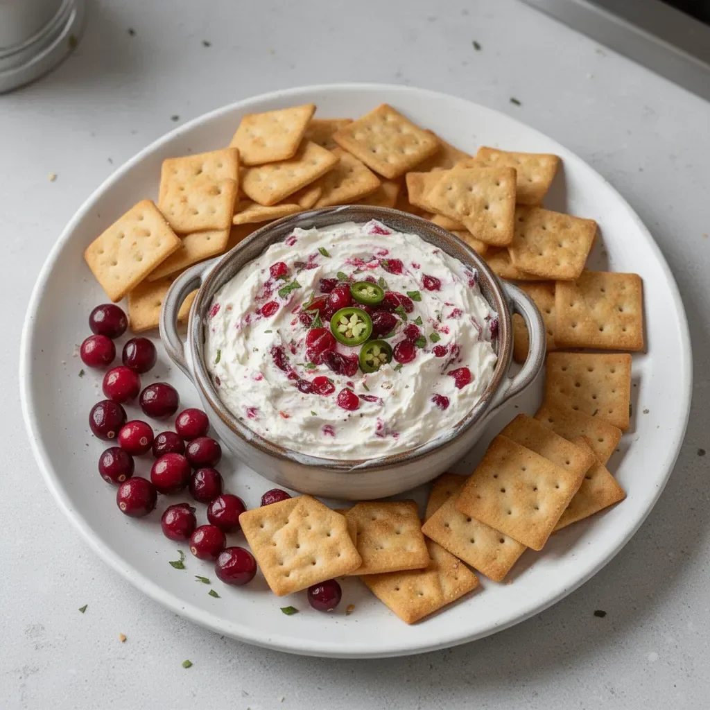 Cranberry Jalapeño Dip served in a bowl with crackers and fresh herbs