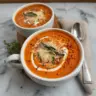 Bowl of creamy Roasted Red Pepper Gouda Soup garnished with fresh herbs