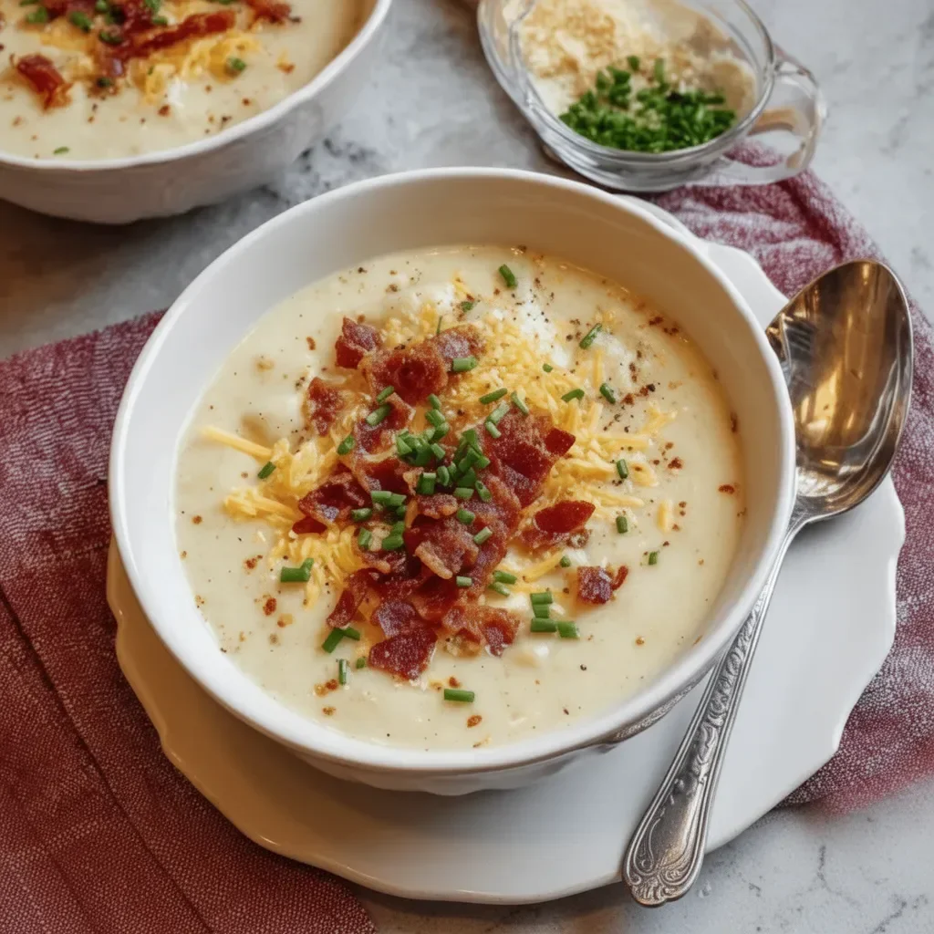 Bowl of creamy smoked gouda potato soup topped with herbs.
