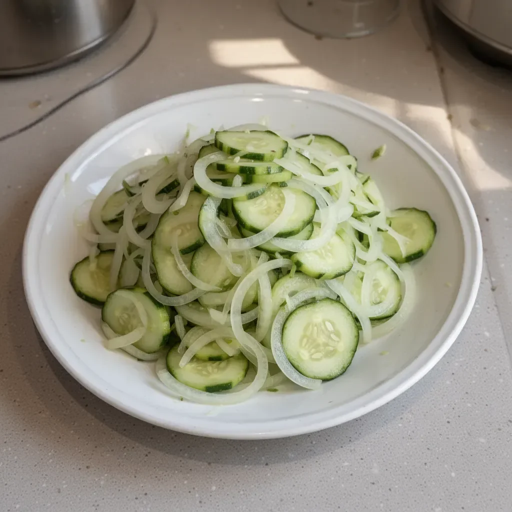Fresh cucumber and onion salad in a bowl, garnished with herbs