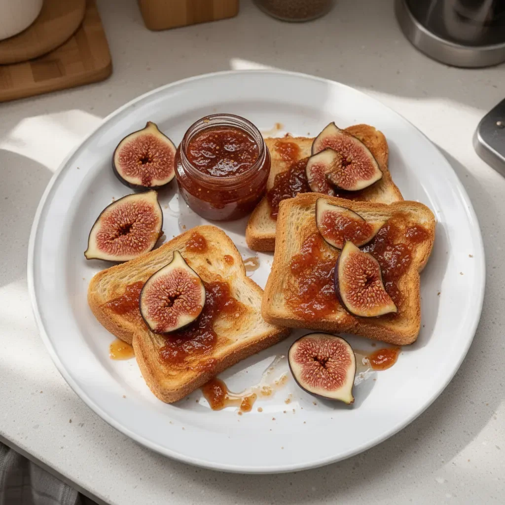 Homemade fig jam in a jar with fresh figs and toast