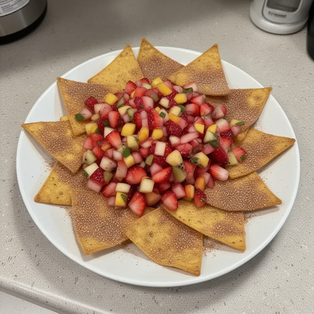 Bowl of fresh fruit salsa with cinnamon sugar chips on a rustic table