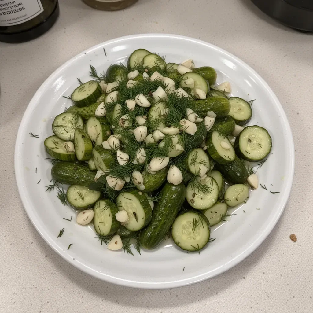 Garlic and Dill 24-Hour Refrigerator Pickles in glass jar
