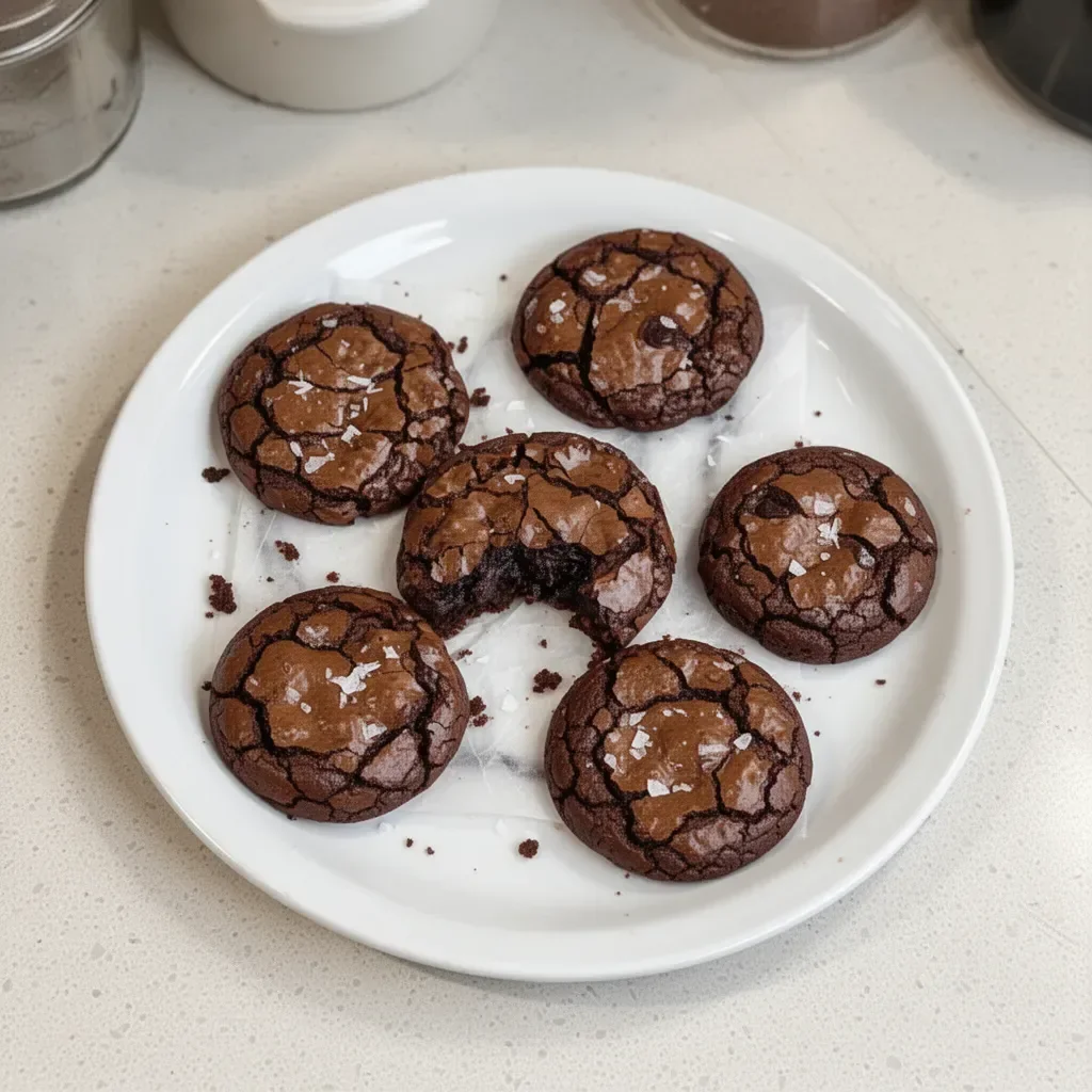 Gourmet brownie cookies stacked on a plate, showcasing their rich chocolate texture