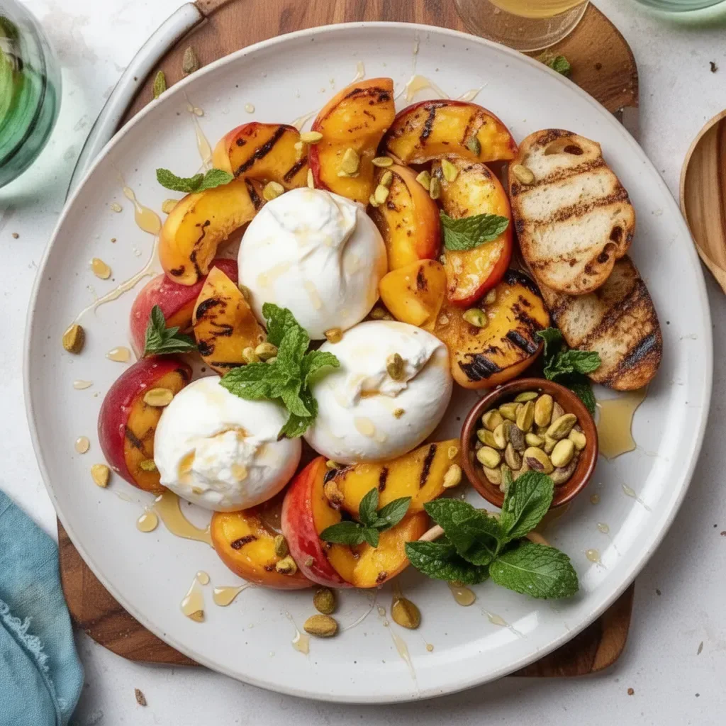 Grilled peaches served with burrata, honey, and pistachios on a plate.