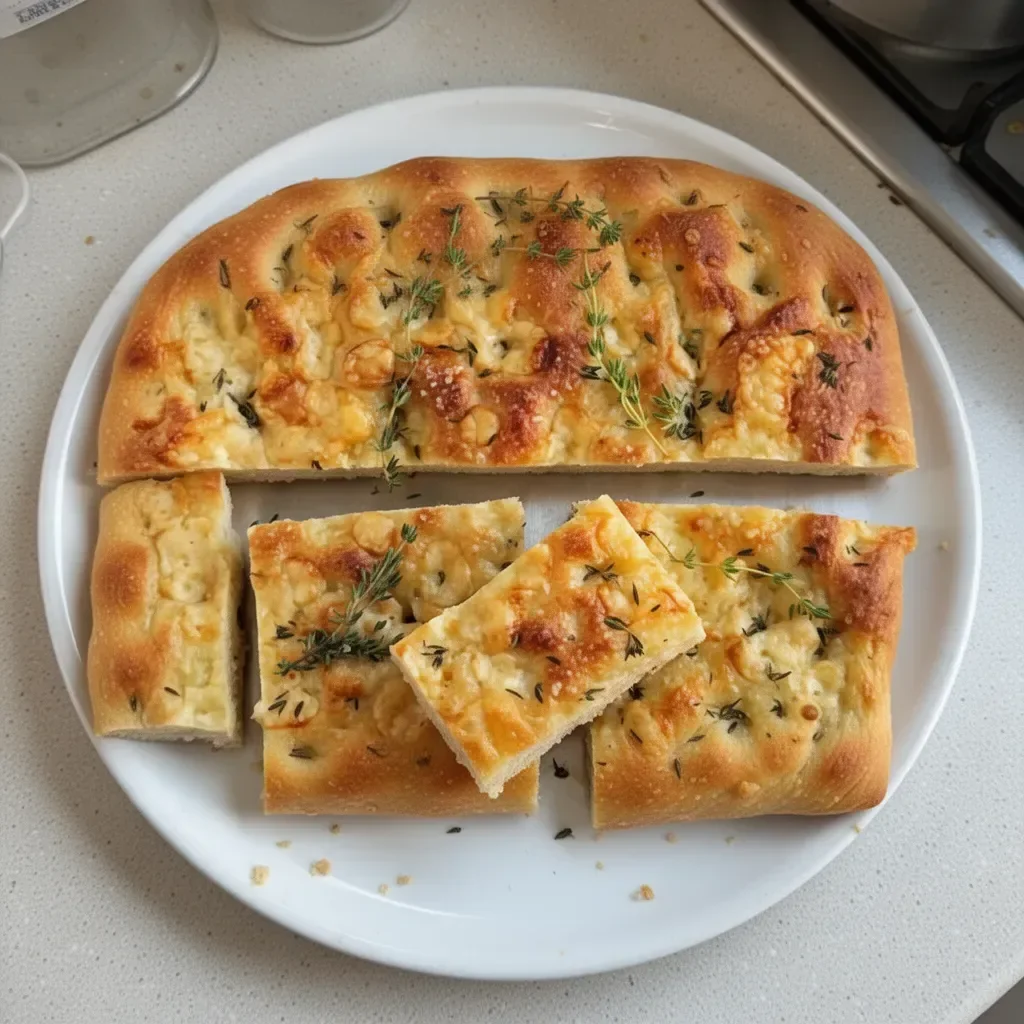 Freshly baked Gruyère & Thyme Italian Focaccia bread with herbs