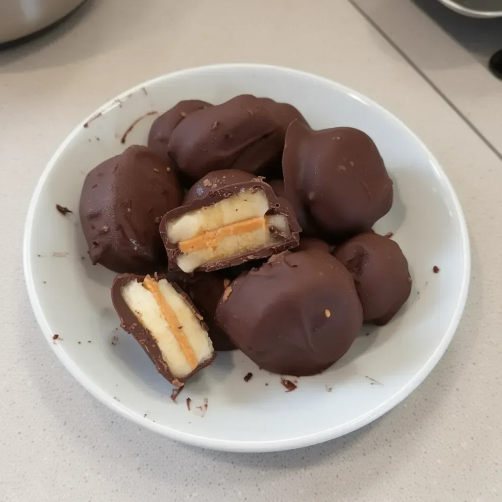 Healthy frozen chocolate peanut butter banana bites ready to enjoy as a snack