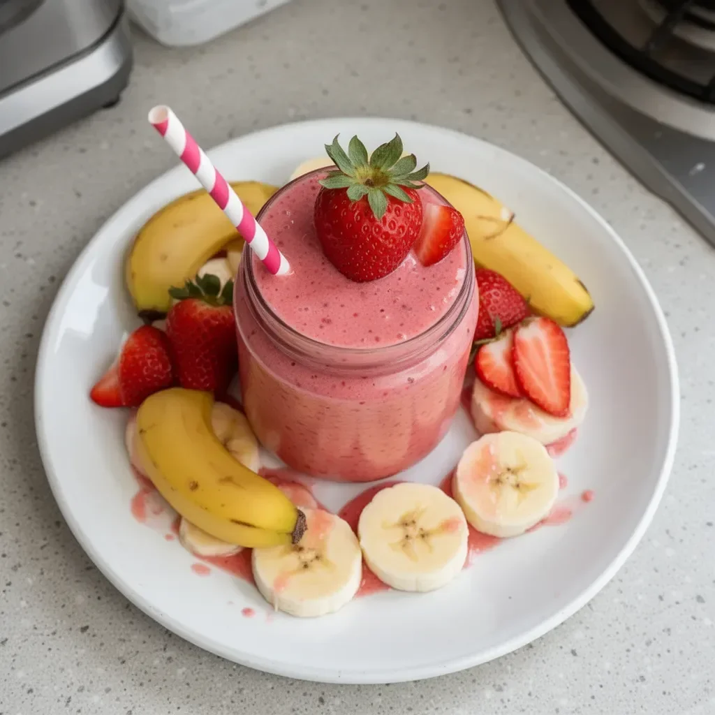 Healthy strawberry banana smoothie in a glass with fresh fruit.