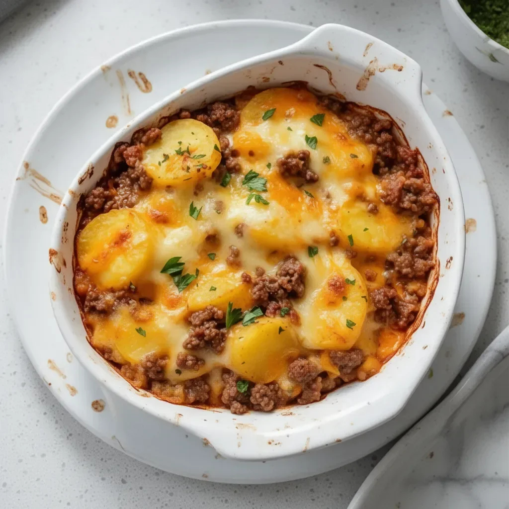 Delicious Hobo Casserole with ground beef, potatoes, and vegetables baked in a dish.