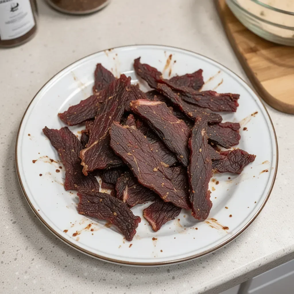 Homemade smoked beef jerky on a wooden cutting board