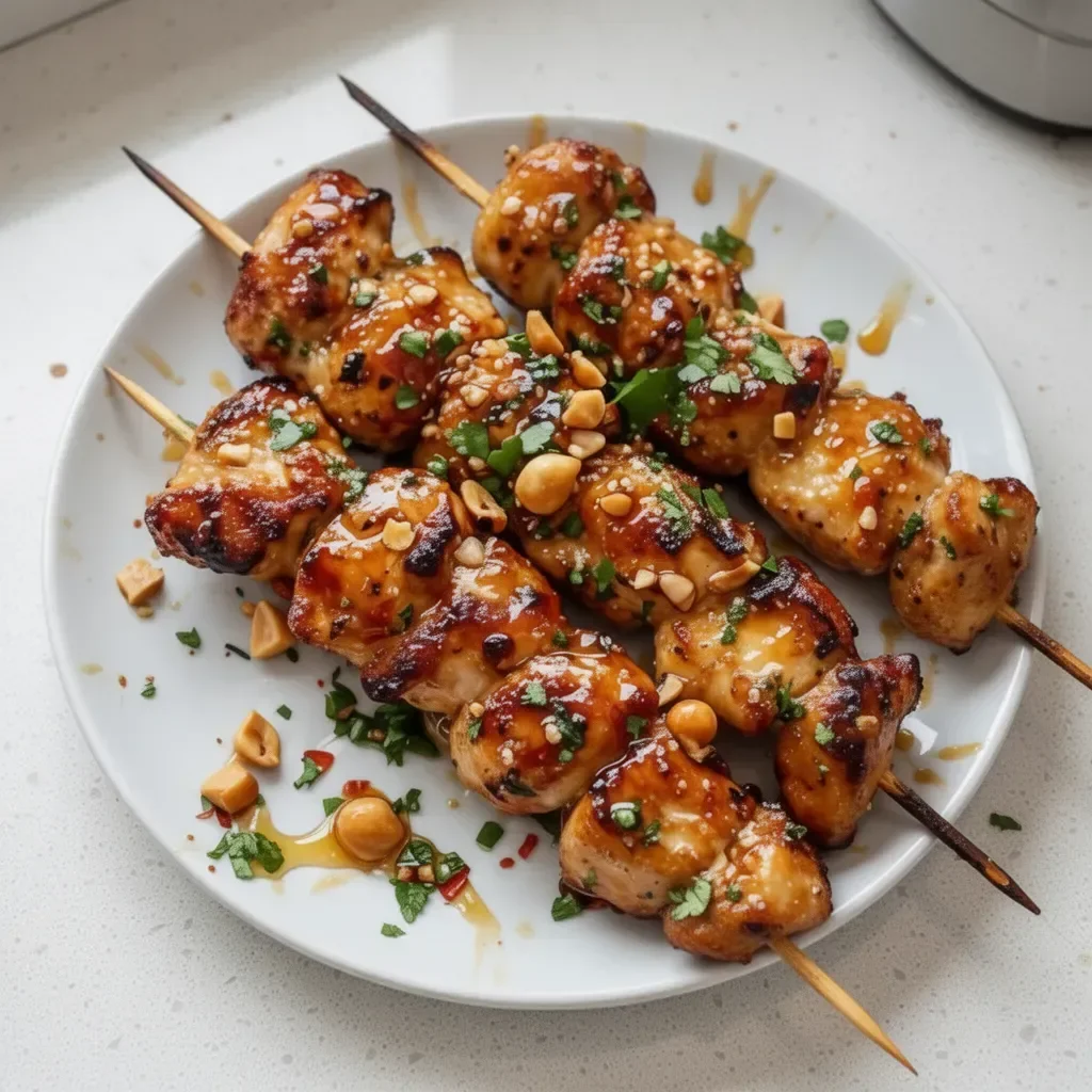Honey Garlic Chicken Skewers ready for grilling with vibrant vegetables.
