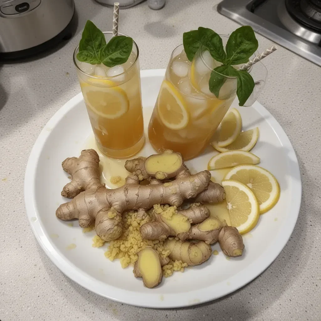Glass of Honey Ginger Lemonade garnished with lemon slices and ginger