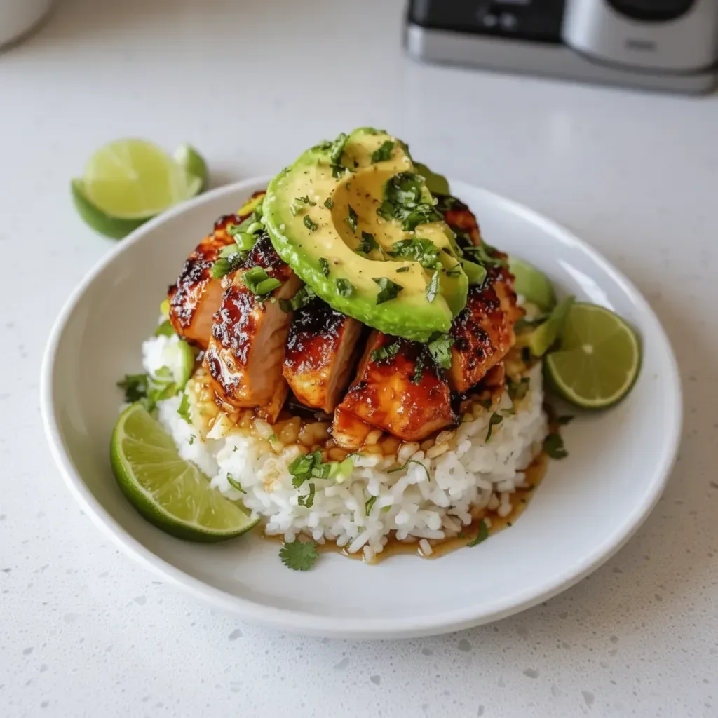Honey Lime Chicken served with Avocado Rice Stack for a flavorful dish