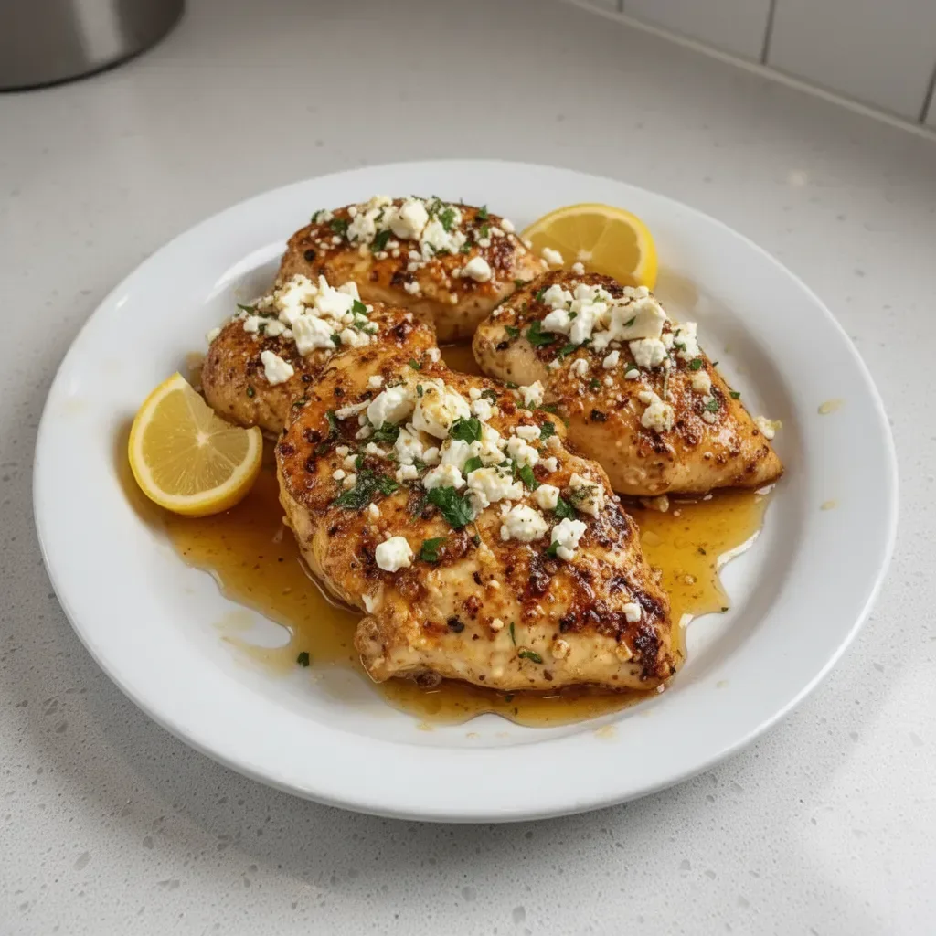 Delicious Hot Honey Feta Chicken plated with fresh herbs and a drizzle of honey