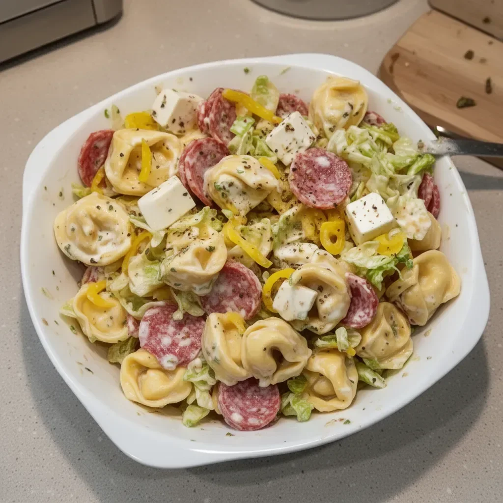 Italian Grinder Tortellini Salad with fresh vegetables and dressing