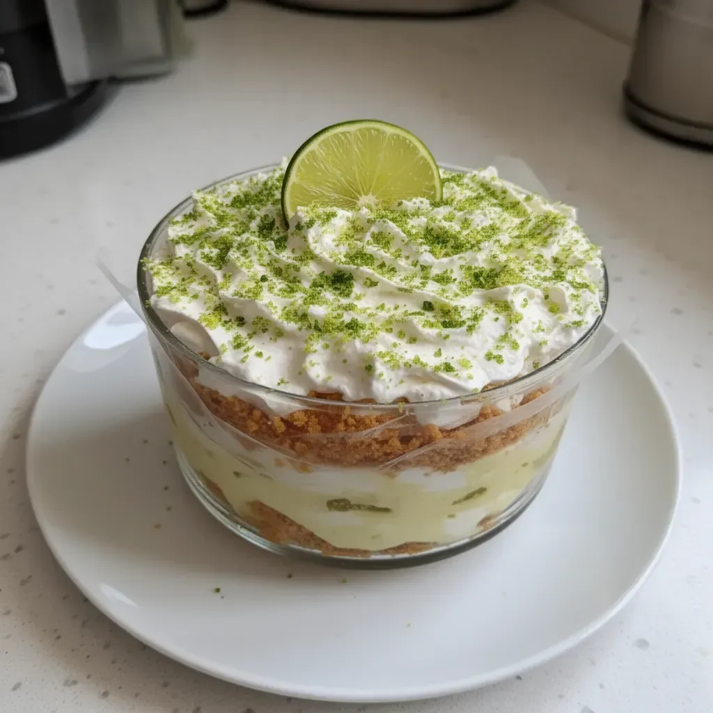 Delicious Key Lime Pie Trifle with layers of creamy filling and lime zest