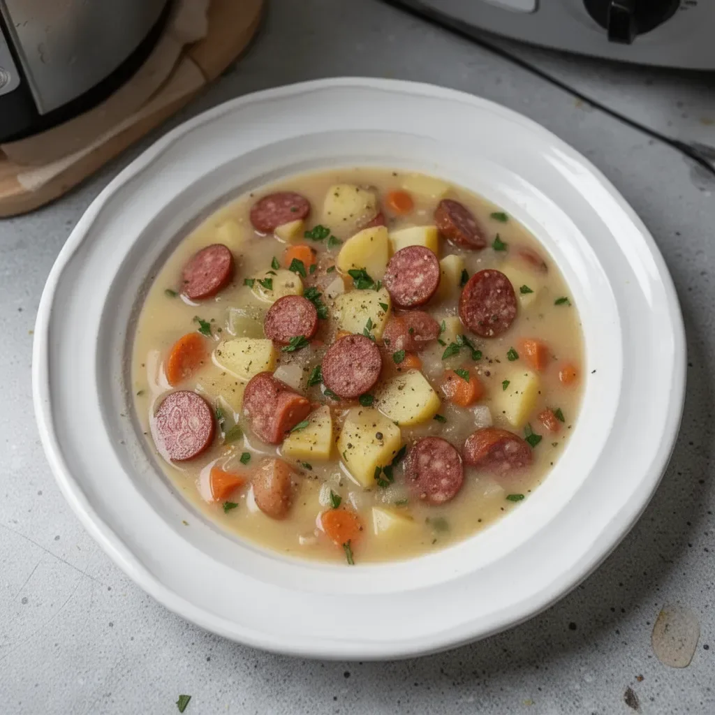 Bowl of delicious Kielbasa Potato Soup with potatoes and sausages