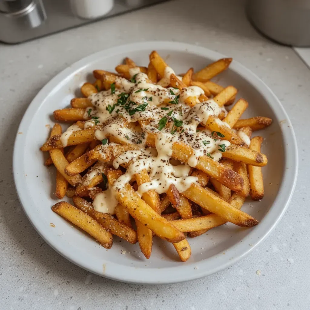 Delicious Louisiana Voodoo Fries topped with spices and sauces.