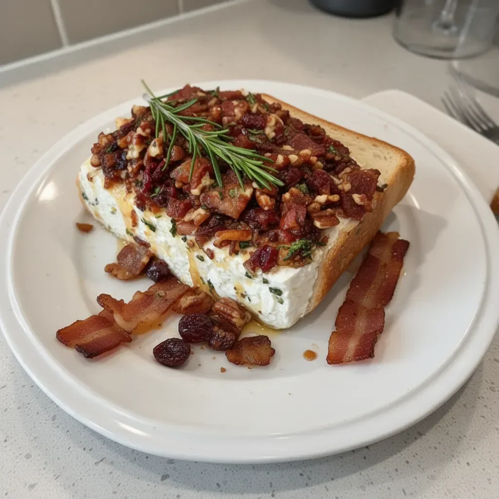 Million Dollar Bacon Goat Cheese Appetizer Log served with crackers and herbs
