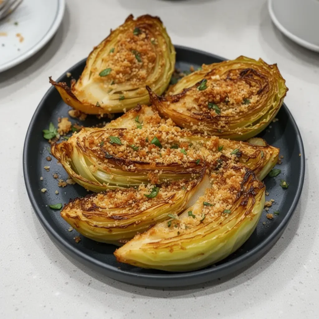 Miso Butter Roasted Cabbage Wedges served on a plate with garnishes.
