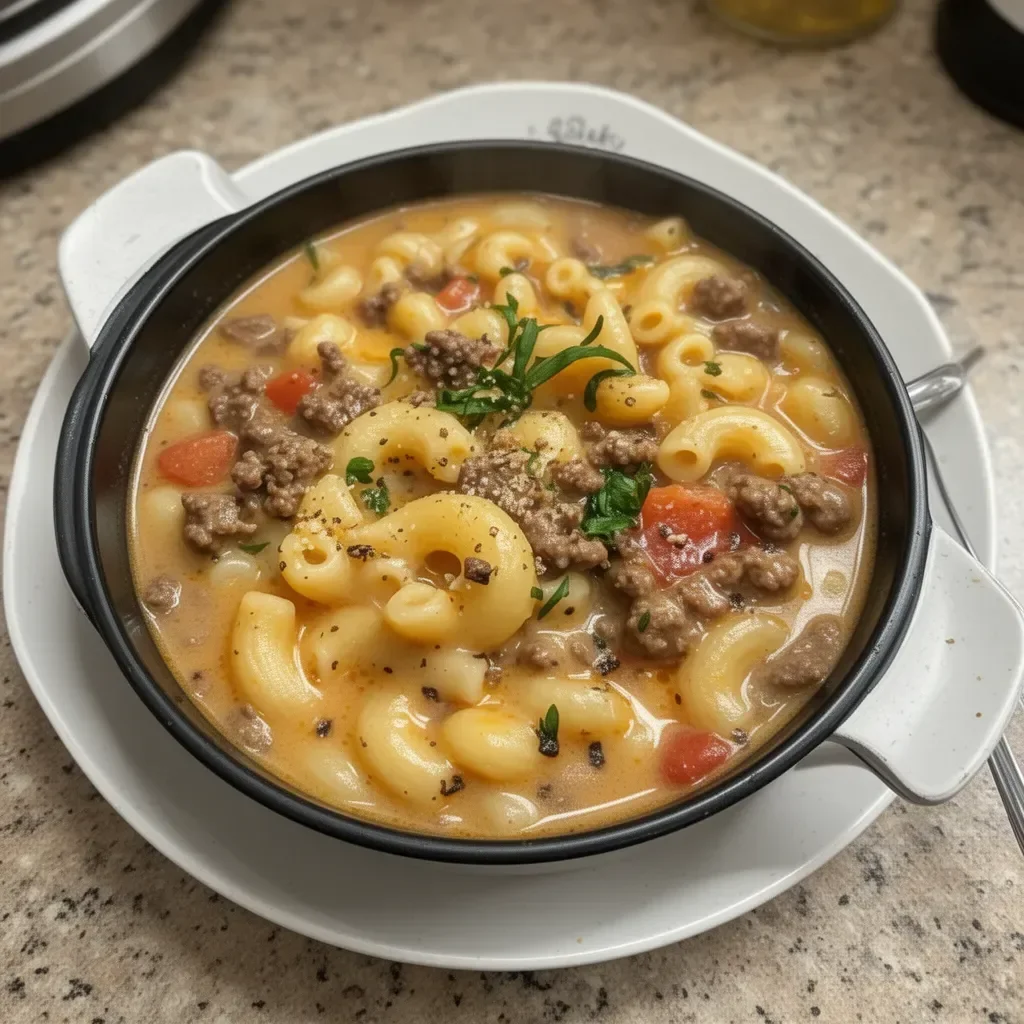 Delicious one pot cheesesteak soup with beef, cheese, and bell peppers