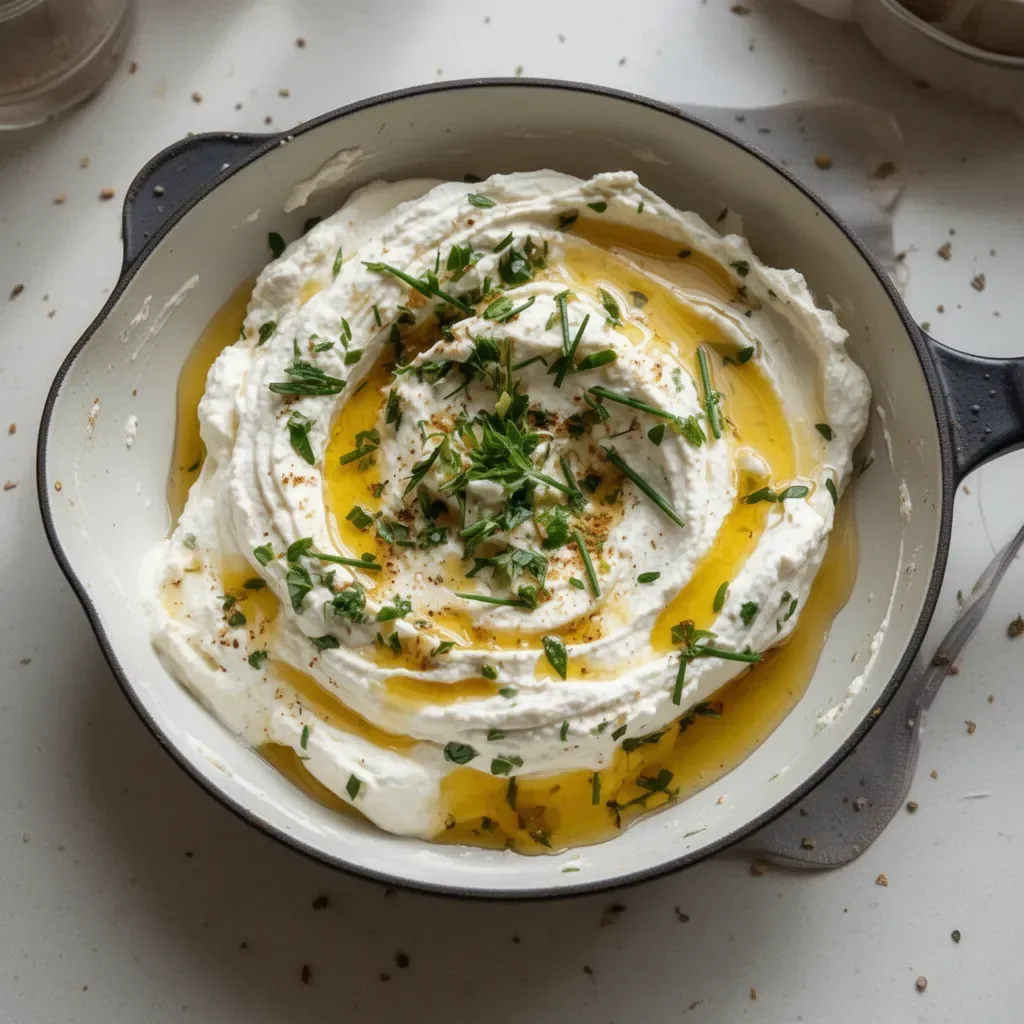 One-pot whipped feta dip with honey and herbs in a serving bowl