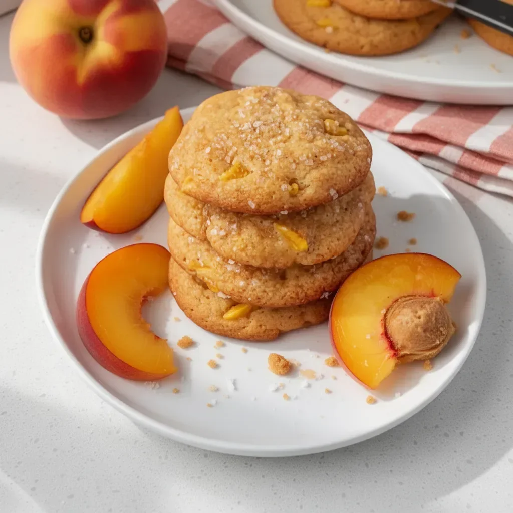 Freshly baked peach cookies on a cooling rack, showcasing their golden color.