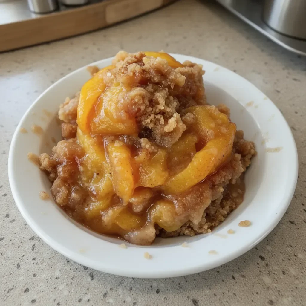 Delicious homemade Peach Crisp with a crunchy topping, served warm in a rustic dish.