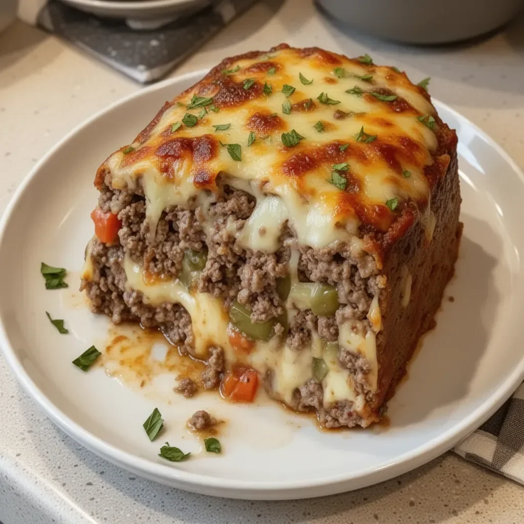 Philly Cheesesteak Meatloaf recipe with cheese and peppers