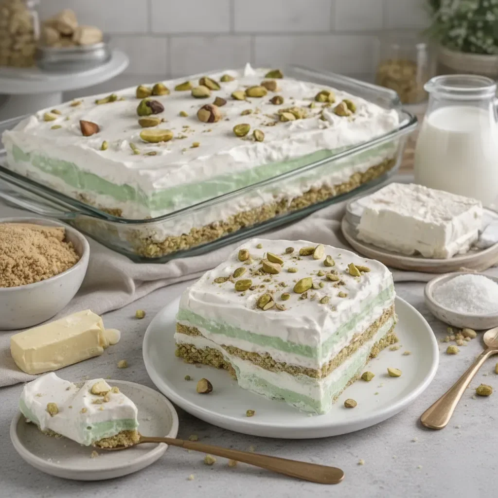 Delicious no-bake Pistachio Dream Bars stacked on a plate.