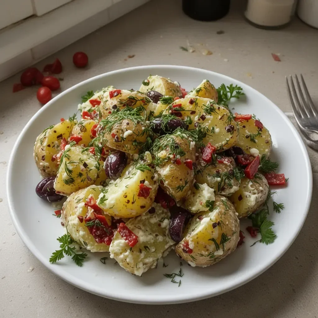 Quick Mediterranean Potato Salad with fresh vegetables and herbs.