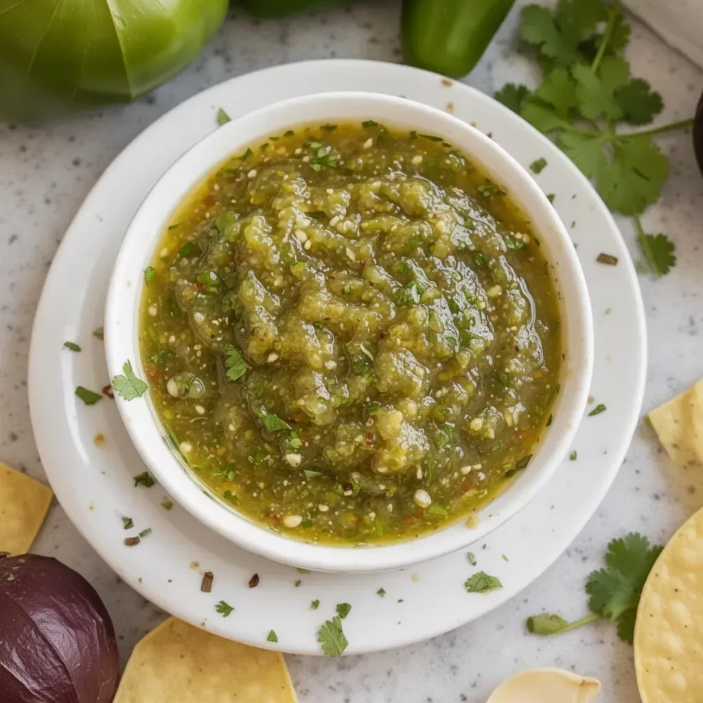 Delicious roasted tomatillo salsa served in a bowl with tortilla chips
