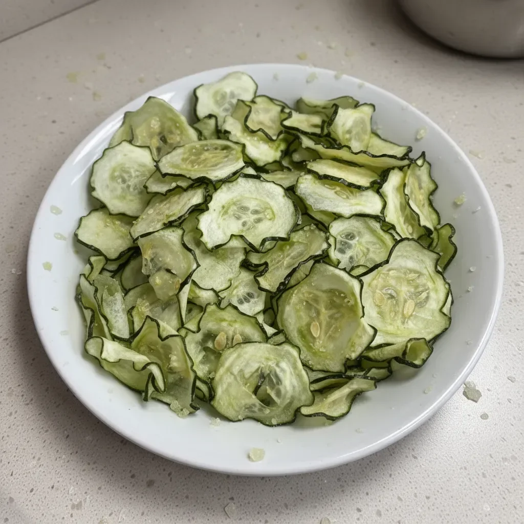 Salt and vinegar cucumber chips served in a bowl, a healthy snack option.