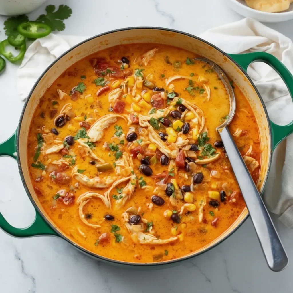 Bowl of savory Chicken Enchilada Soup topped with cheese and cilantro