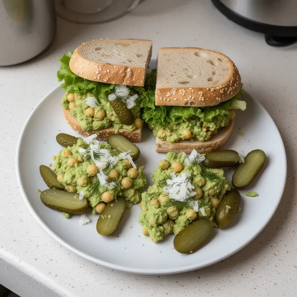 Smashed Chickpea Avocado Dill Pickle Sandwich on whole grain bread