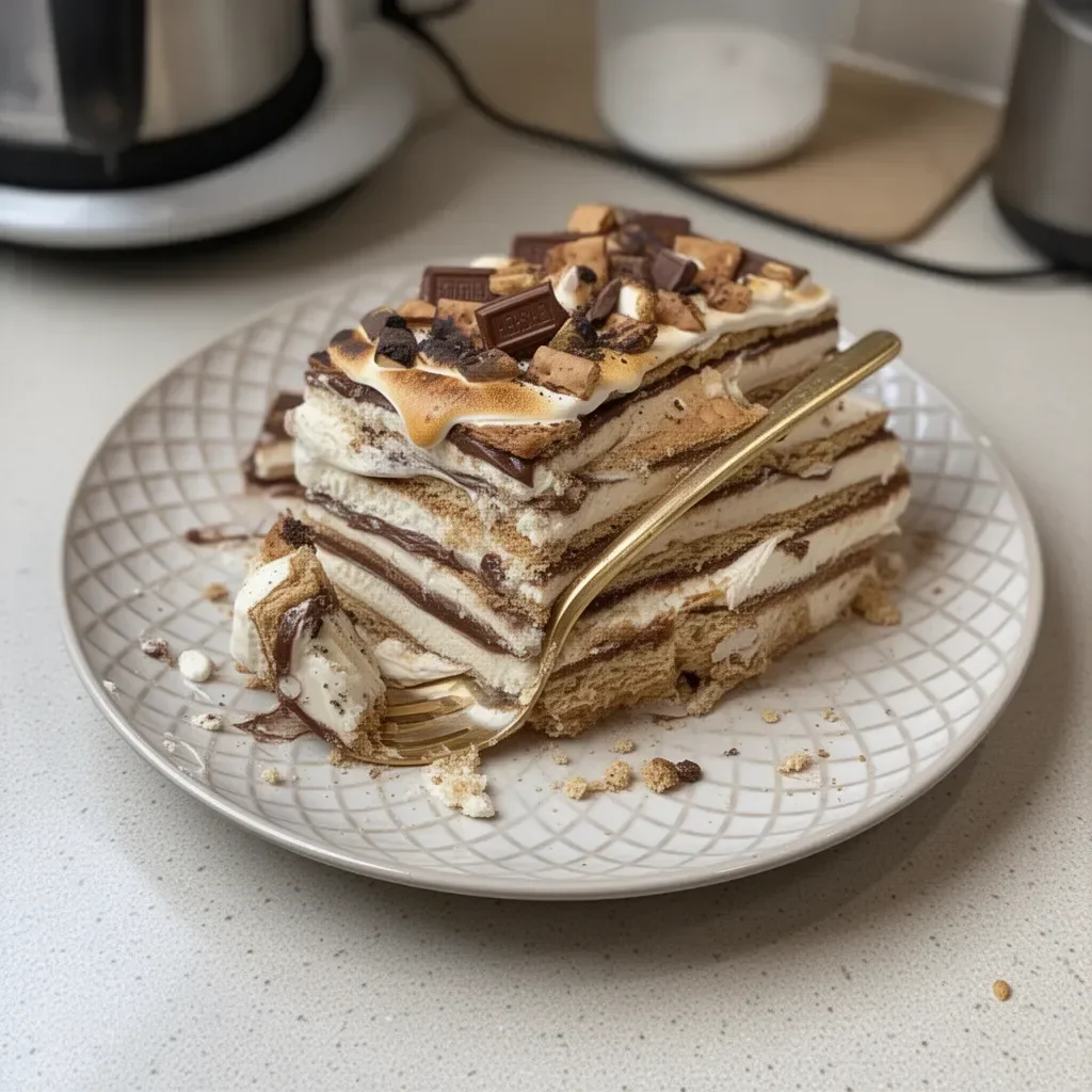 Delicious S'mores Icebox Cake layered with chocolate and marshmallows