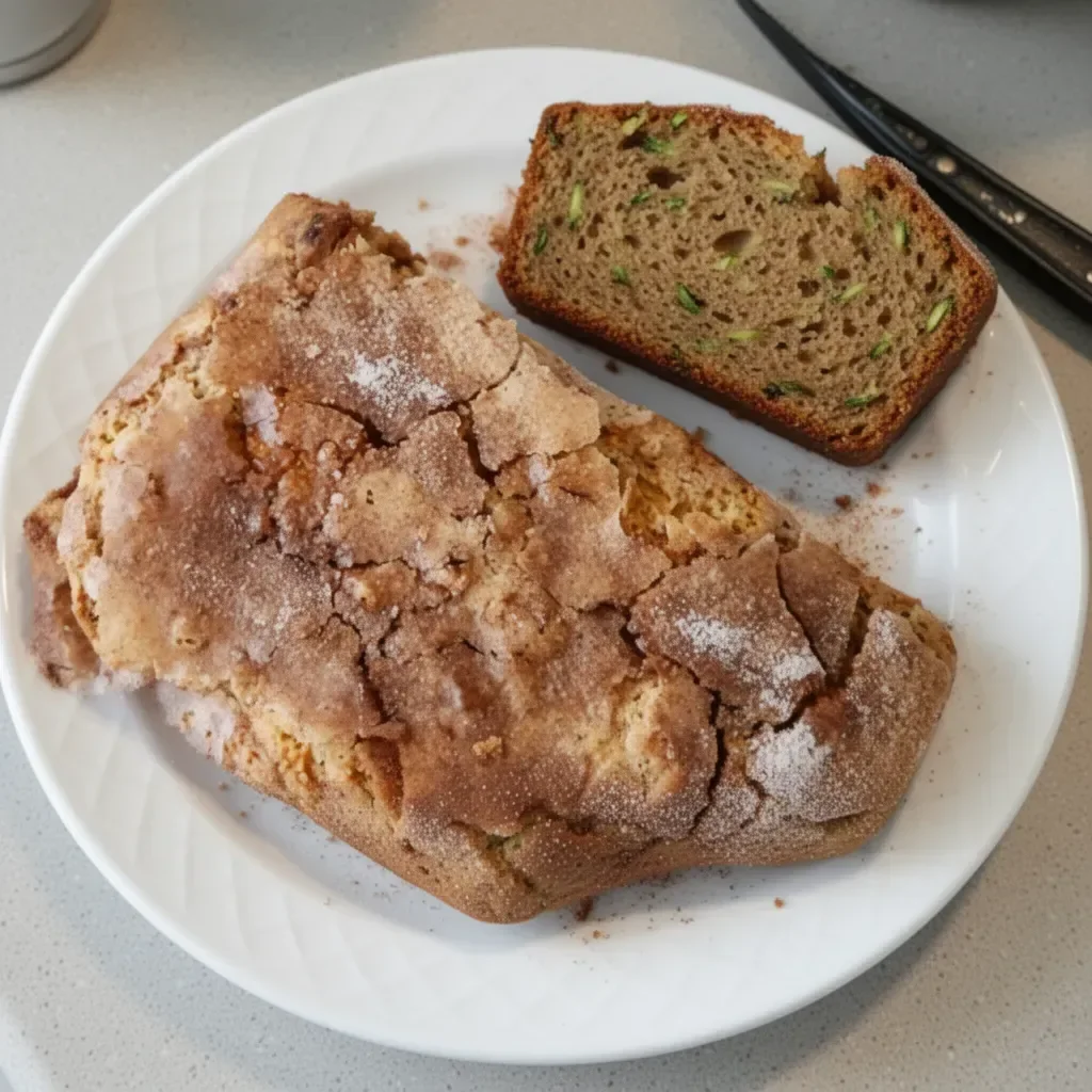 Moist and flavorful snickerdoodle zucchini bread topped with a cinnamon sugar swirl