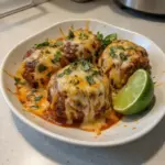Plate of Spicy Mexican Donkey Balls garnished with fresh herbs