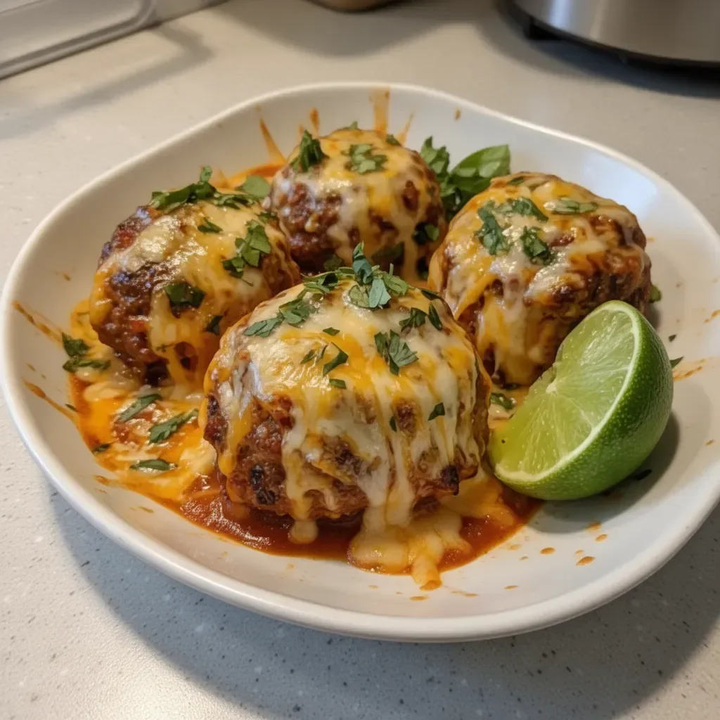 Plate of Spicy Mexican Donkey Balls garnished with fresh herbs
