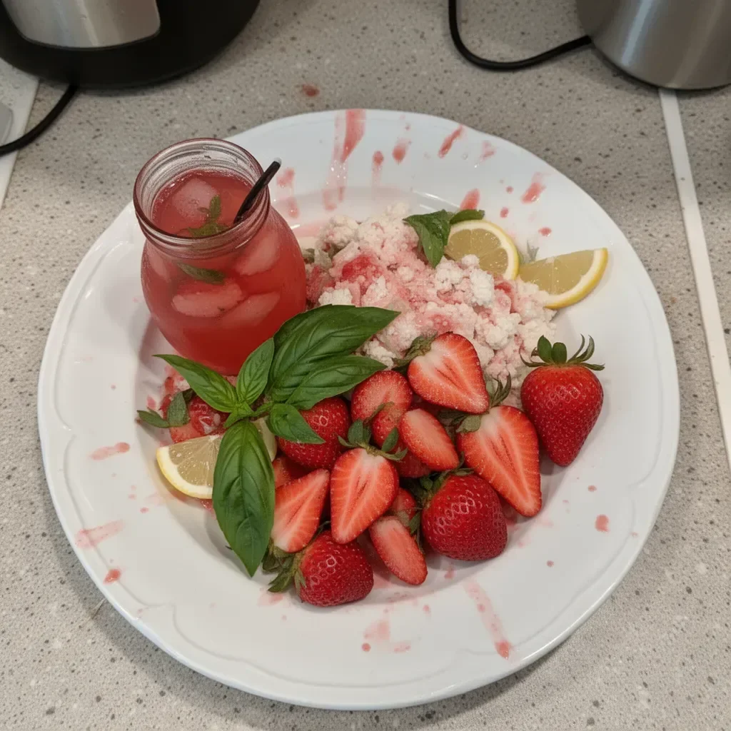 Glass of strawberry basil lemonade garnished with fresh basil leaves