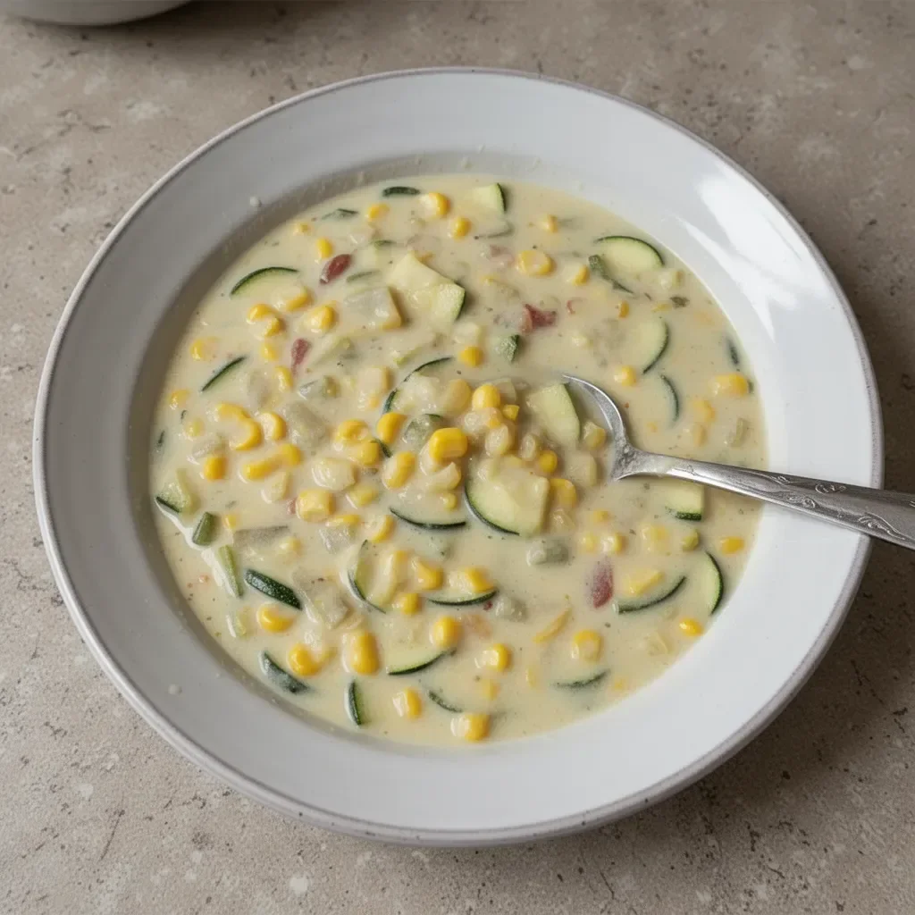 Bowl of summer corn zucchini chowder garnished with herbs