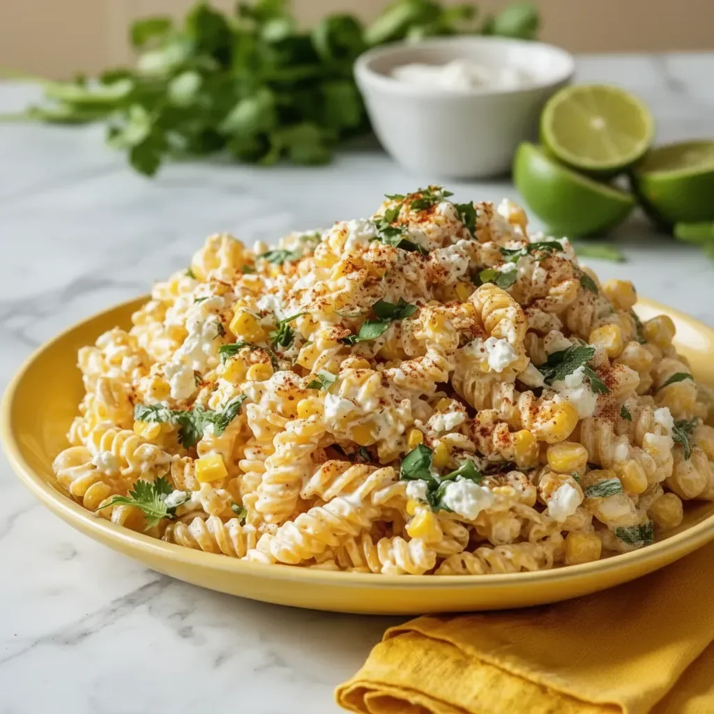 Tasty elote pasta salad made with Greek yogurt and fresh ingredients.